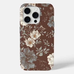Coque iPhone 15 Pro Fleur d'Automne – Motif floral vintage en brun cac
