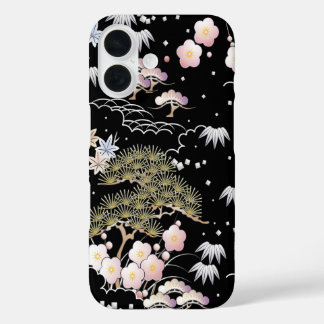 Coques iPhone 16 Fleur de cerisier rose noir Élégant