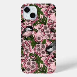 Coque iPhone 15 Mini Fleur de cerisiers et poulets roses