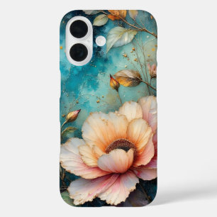 Coques iPhone 16 Fleur de Cosmos Abricot sur fond sarcelle