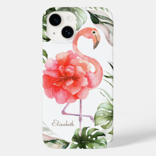 Coque Pour iPhone 14 Fleur de flamant rose, feuille de palmier à confet