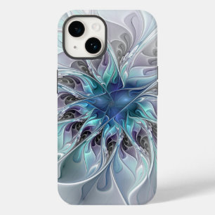 Coque Pour iPhone 14 Fleur de fractale moderne abstraite avec du bleu