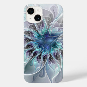 Coque Pour iPhone 14 Fleur de fractale moderne abstraite avec du bleu