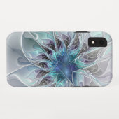 Coques Case-Mate iPhone Fleur de fractale moderne abstraite avec du bleu (Dos (Horizontal))