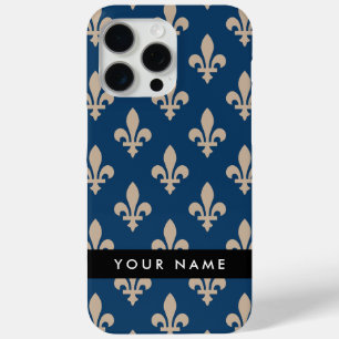 Coque iPhone 15 Pro Max Fleur de Lis, Beige sur Bleu Nuit, Royal, Votre No