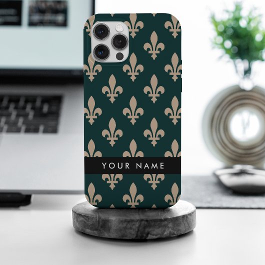 Coques Case-Mate iPhone Fleur de Lis, Beige sur Vert, Royal, Votre Nom