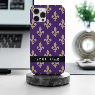 Coque iPhone 15 Pro Max Fleur de Lis, Beige sur Violet, Royal, Votre Nom