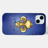Coques Case-Mate iPhone Fleur de lis dorée sur fond bleu (Verso (horizontal))