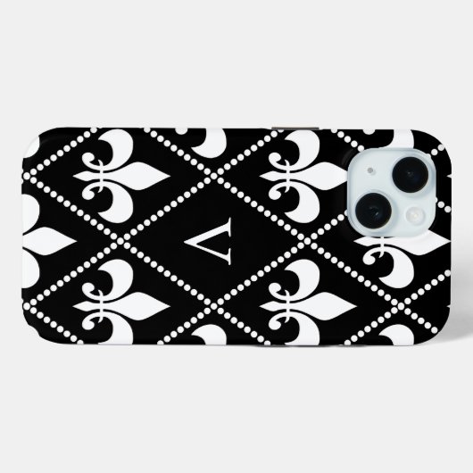 Coques Case-Mate iPhone Fleur de Lis noir avec monogramme (Verso (horizontal))