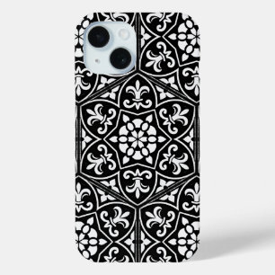 Coque Pour iPhone 15 Fleur de lis noir et blanc motif floral