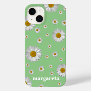 Coque Pour iPhone 14 Fleur de marguerite rétro avec nom Sage Green