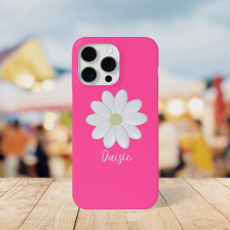 Coque iPhone 15 Pro Max Fleur de marguerite rose chaud Nom personnalisé