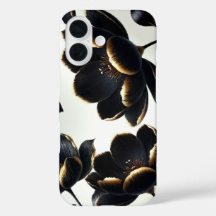 Coques iPhone 16 Fleur de Noir et Or Greige Élégant Sombre Humeur