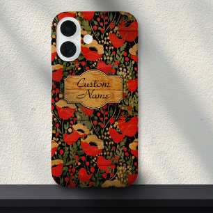 Coques iPhone 16 Fleur de pavot à grain de bois vintage