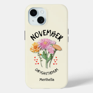 Coque Pour iPhone 15 Fleur du mois de naissance NOVEMBRE Nom personnali