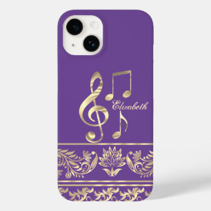 Coque Pour iPhone 14 Fleur élégante en or,Clé de violon,Note violette