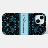 Coques Case-Mate iPhone Fleur élégante Noir et Turquoise Damas (Verso (horizontal))