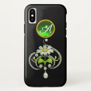 COQUE Case-Mate POUR iPhone FLEUR ÉMAIL BLANC, MONOGRAMME PERLES ET DIAMANTS