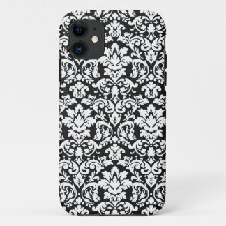 Coque iPhone 11 fleur en damassé noir et blanc