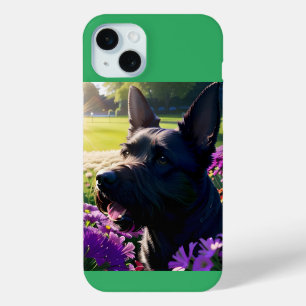 Coque iPhone 15 Mini Fleur et pelouse écossaise de chien Terrier