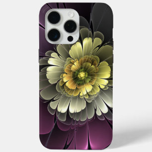Coque iPhone 15 Pro Max Fleur fractale grise et pourpre moderne abstraite