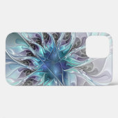 Coques Case-Mate iPhone Fleur fractale moderne abstraite avec du bleu (Verso (horizontal))