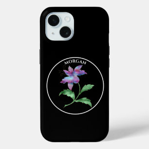 Coque Pour iPhone 15 Fleur iridescente, cercle noir sur fond noir, nom
