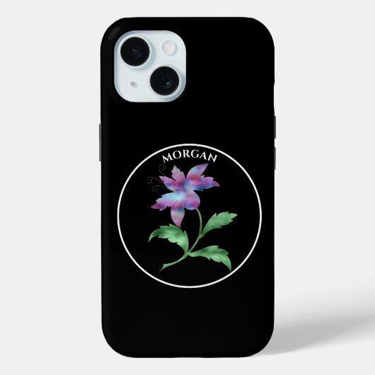 Coques Case-Mate iPhone Fleur Iridescente, Cercle Noir sur Noir, Nom (Verso)