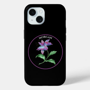 Coque Pour iPhone 15 Fleur iridescente, Cercle Violet sur Fond Noir, No