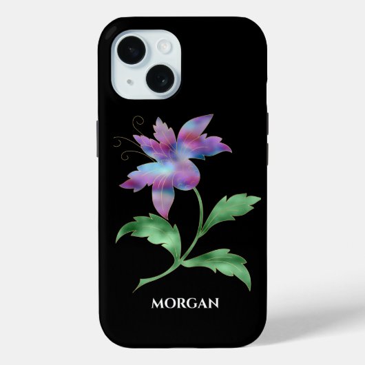 Coques Case-Mate iPhone Fleur iridescente sur fond noir, nom (Verso)