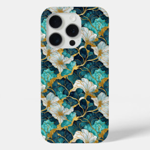 Coque iPhone 15 Pro Fleur Japonaise Sarcelle Or