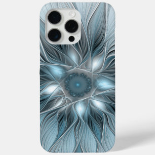 Coque iPhone 15 Pro Max Fleur joyeuse abstraite fleur grise bleue fractale