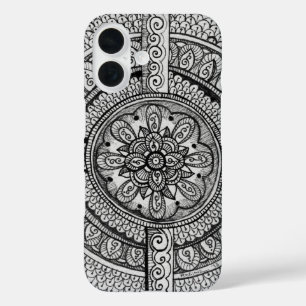 Coques iPhone 16 Fleur Mandala noir et blanc à motif floral