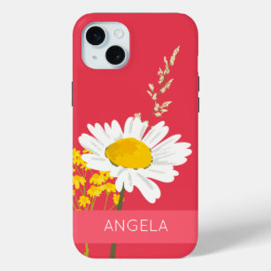 Coque iPhone 15 Mini Fleur marguerite blanche Nom personnalisé