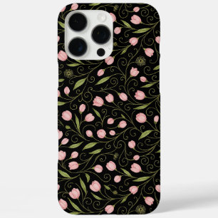 Coques iPhone 16 Pro Max Fleur mignonne, rose sur noir avec motif répétitif
