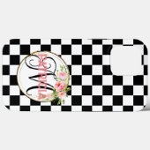 Coques Case-Mate iPhone Fleur monogramme rose chic noir & blanc à damiers (Verso (horizontal))