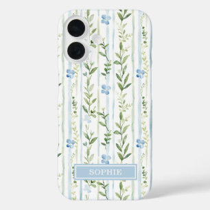 Coques iPhone 16 Fleur personnalisée rayée bleue