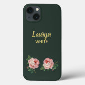Coques Case-Mate iPhone Fleur rose et feuilles sur vert foncé (Verso)