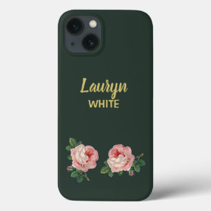 Case-Mate iPhone Case Fleur rose et feuilles sur vert foncé