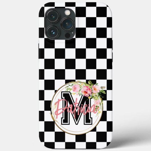 Coques Case-Mate iPhone Fleur rose monogramme noir et blanc À damiers (Verso)
