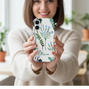 Coques iPhone 16 Fleur sauvage aquarelle bleu vert