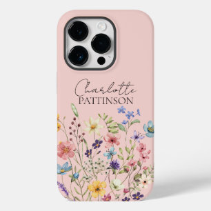 Coque Pour iPhone 14 Pro Fleur sauvage botanique Nom personnalisé rose pâle