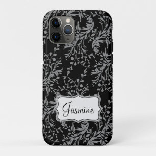 Coques Pour iPhone Fleur sauvage damask noir gris nommé