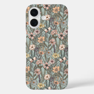 Coques iPhone 16 Fleur sauvage rétro jaune rose écume de mer