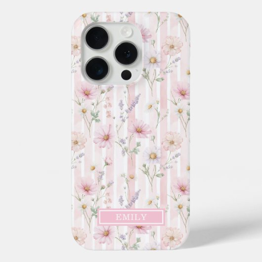 Coques Case-Mate iPhone Fleur Sauvage Rose Monogrammée Rayée (Verso)