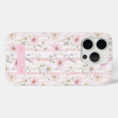 Coques Case-Mate iPhone Fleur Sauvage Rose Monogrammée Rayée (Verso (horizontal))