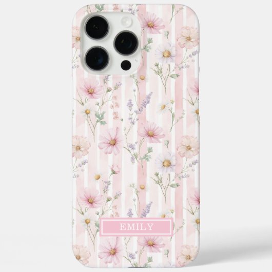 Coques Case-Mate iPhone Fleur Sauvage Rose Monogrammée Rayée (Verso)
