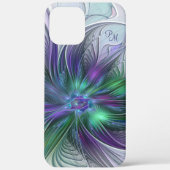 Coques Case-Mate iPhone Fleur vert violet Abstrait Art fractal Initiales (Verso)