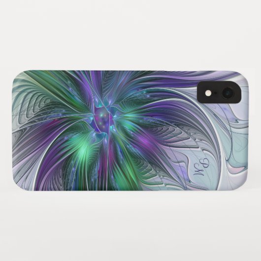 Coques Case-Mate iPhone Fleur vert violet Abstrait Art fractal Monogramme (Dos (Horizontal))
