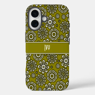 Coques iPhone 16 Fleur verte olive rétro des années 1970